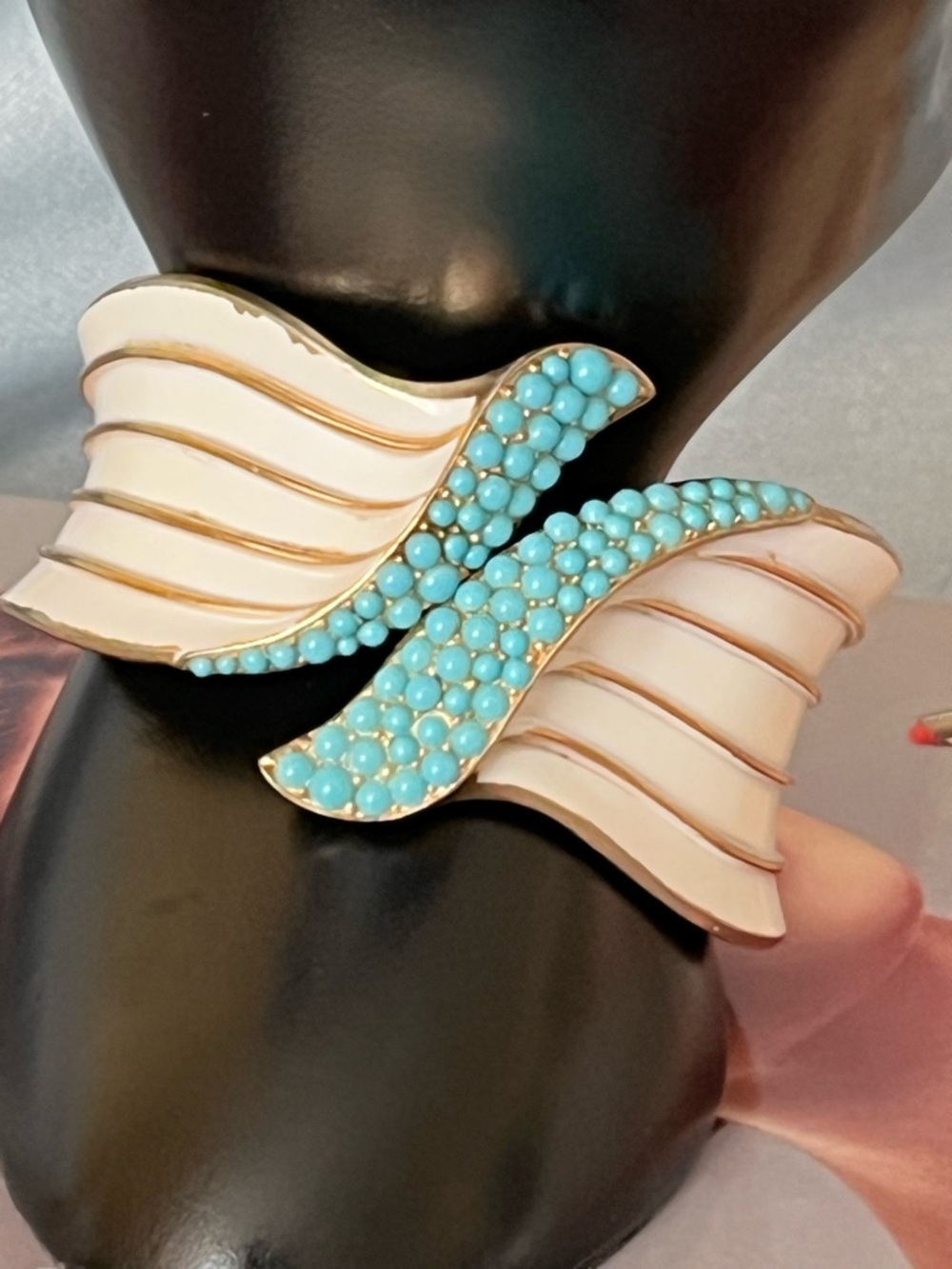 Crown Trifari White Enamel and faux turquoise seed bead clamper bracelet.